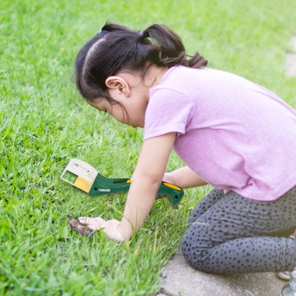 fotografía de una niña empleando un instrumento para capturar insectos y pequeños animales y poder observarlos, sin causarles daño mediante una lupa