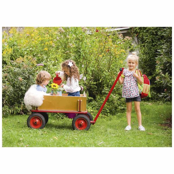 niños montados en un carro de madera de jardín mientras juegan