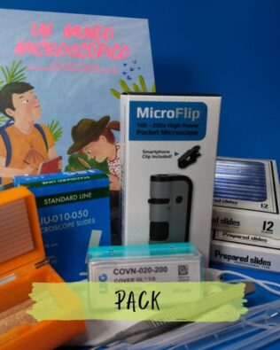 Pack «Viaje microscópico» | Microscopio 250x – Libro – Preparaciones – Accesorios