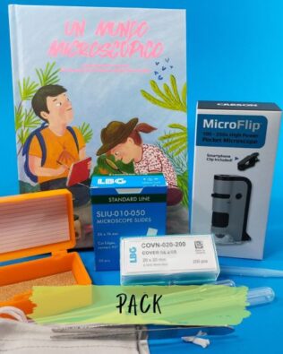 Pack «Viaje microscópico» | Microscopio 250x – Libro – Preparaciones – Accesorios