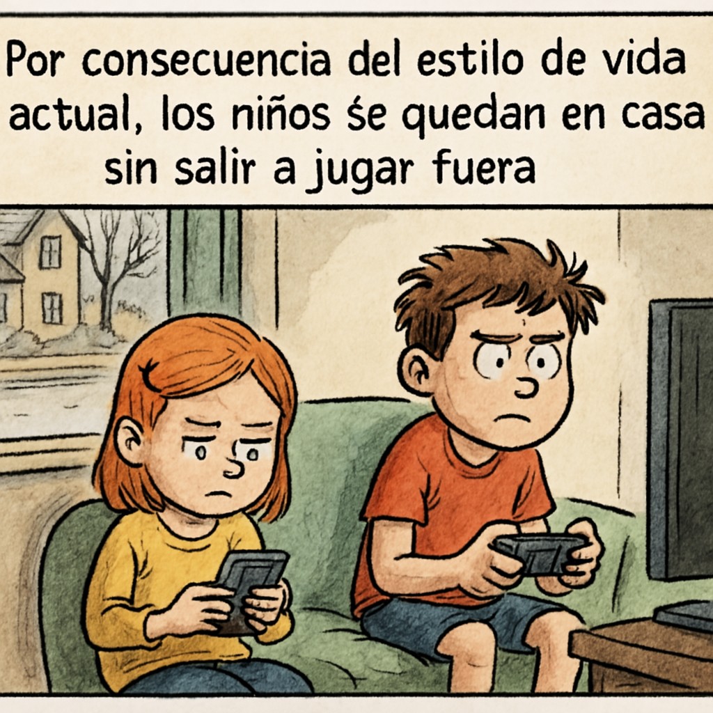 Viñeta 3 – Dos niños con pantallas, y la plaza vacía