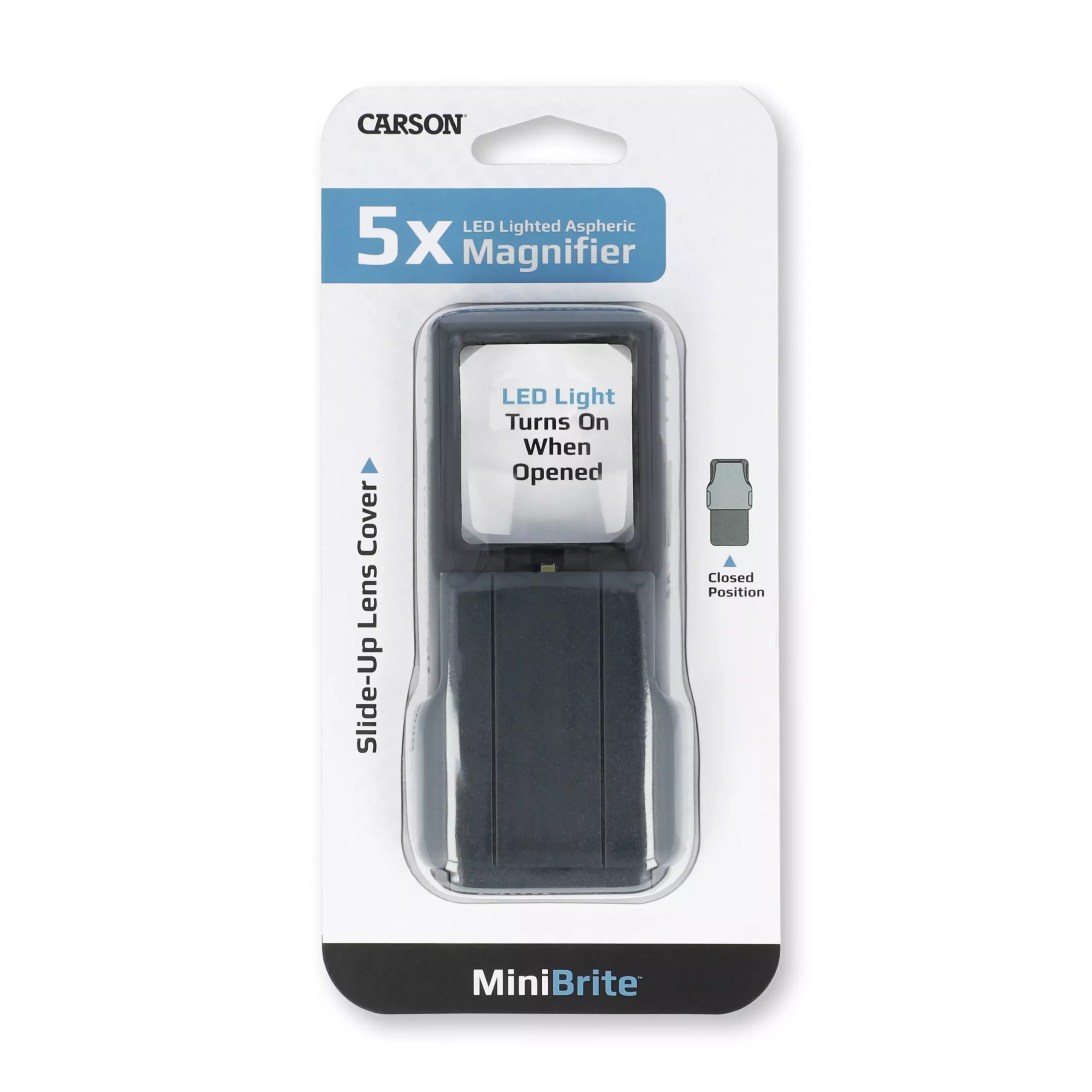 Lupa portátil deslizante con LED Carson PO-55 | Serie MiniBrite 5x con funda protectora y lente asférica de 35 mm x 40 mm - Imagen 5